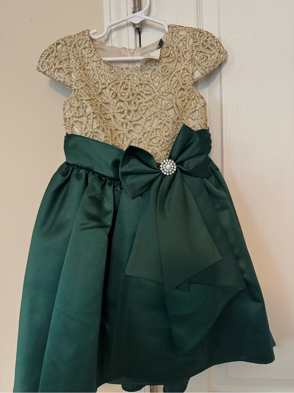 Rare Editions Green Satin and Gold Lace Bow Party Dress